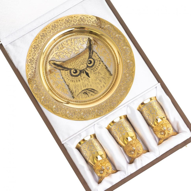 Подарочный набор "Филин" тарелка и 3 стопки перевертыша Златоуст