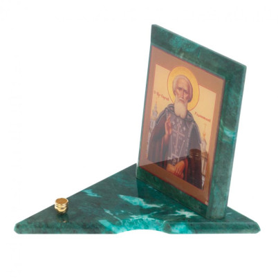 Икона с подсвечником Святой Сергий Радонежский средняя из змеевика 12х12х13 см