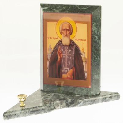 Икона с подсвечником Святой Сергий Радонежский средняя из змеевика 12х12х13 см