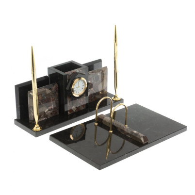 Настольный набор &quot;Офисный&quot; с часами из камня конгломерат