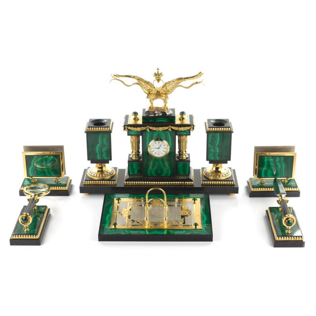 Настольный набор "Двуглавый орел" из малахита Златоуст