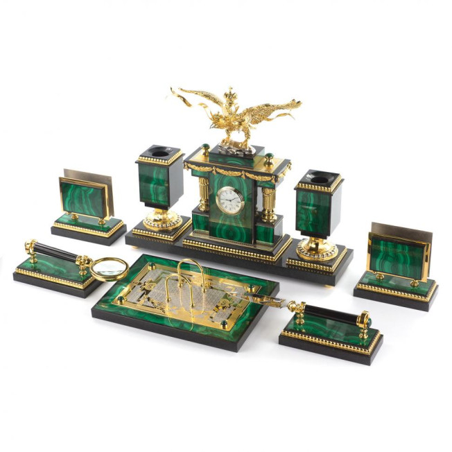 Настольный набор "Двуглавый орел" из малахита Златоуст