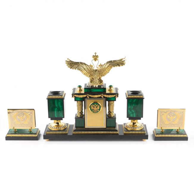Настольный набор "Двуглавый орел" из малахита Златоуст