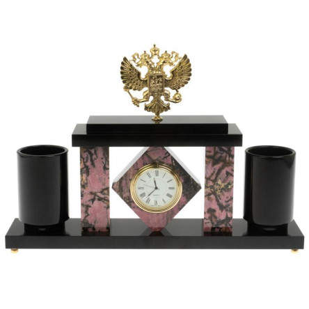 Письменный набор с часами "Герб РФ" из родонита