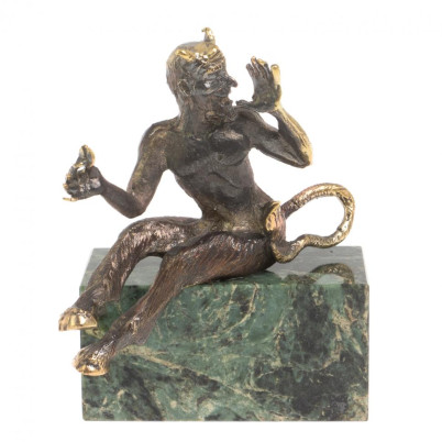 Бронзовая статуэтка &quot;Чертик&quot; на подставке из темно-зеленого змеевика