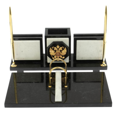 Настольный набор &quot;Офисный&quot; из мармора и змеевика с гербом РФ
