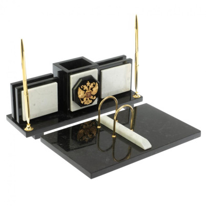 Настольный набор &quot;Офисный&quot; из мармора и змеевика с гербом РФ
