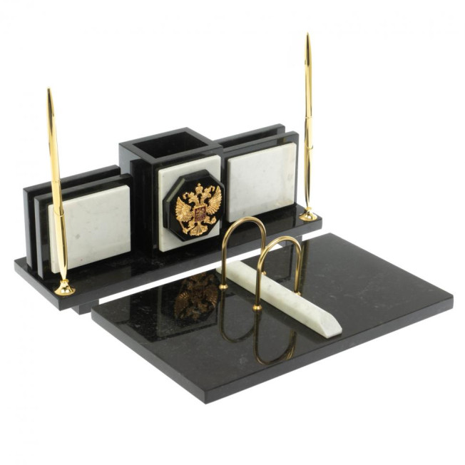 Настольный набор "Офисный" из мармора и змеевика с гербом РФ