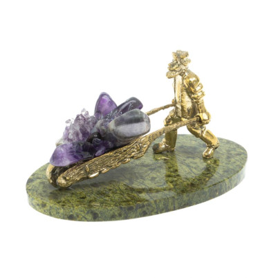 Статуэтка &quot;Старатель с тачкой&quot; бронза / змеевик / аметист