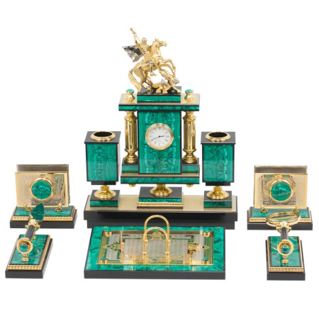 Настольный набор "Георгий Победоносец" из натурального малахита