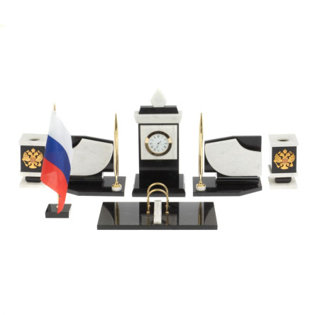 Настольный набор с гербом и флагом России камень мрамор