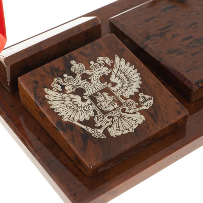 Письменный набор "Куб с картой РФ" камень обсидиан