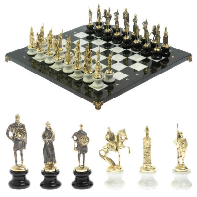 Шахматы &quot;Русь&quot; из мрамора и змеевика на каменных подставках 44х44 см