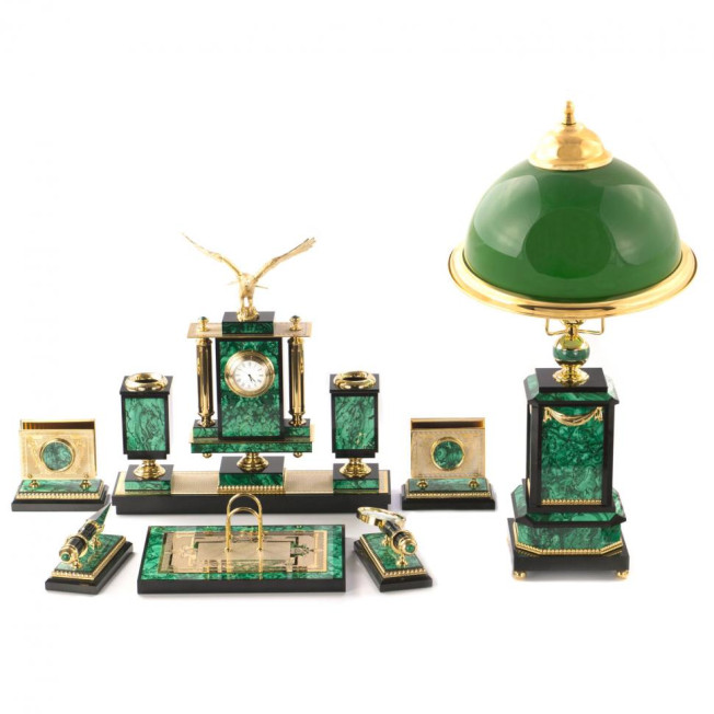 Письменный набор "Сенатор" с лампой камень малахит Златоуст