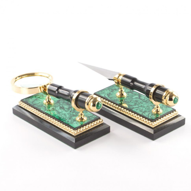Письменный набор "Сенатор" с лампой камень малахит Златоуст