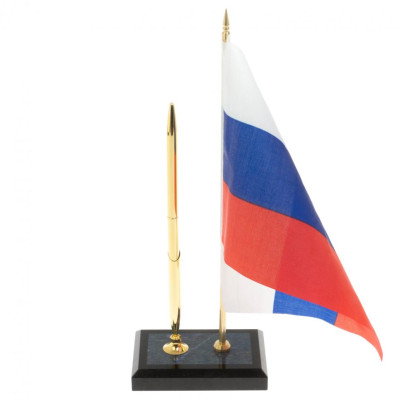 Подставка под ручку с флагом РФ из иркутского лазурита 9х6х25 см