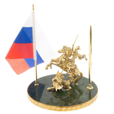 Статуэтка "Георгий Победоносец" с флагом РФ на нефрите 20х20х27 см