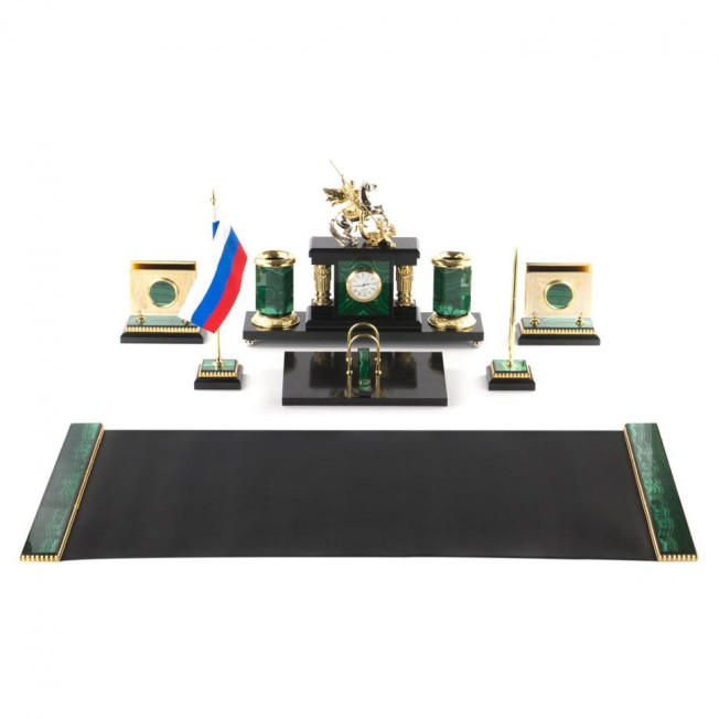 Письменный прибор "Георгий Победоносец" из малахита 7 предметов