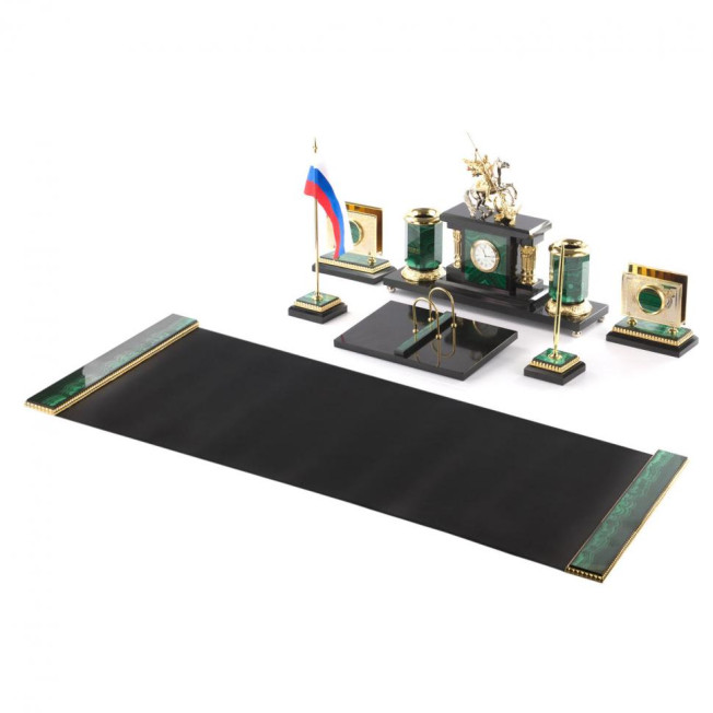 Письменный прибор "Георгий Победоносец" из малахита 7 предметов