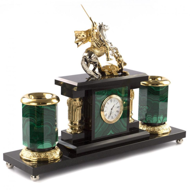 Письменный прибор "Георгий Победоносец" из малахита 7 предметов