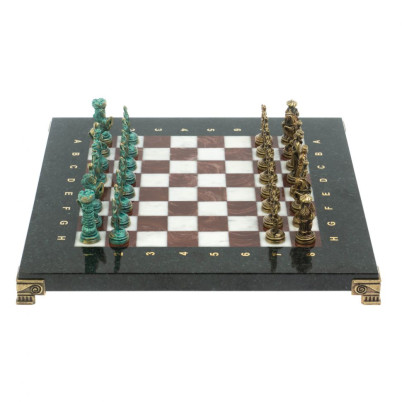 Шахматы "Рыцари" фигуры бронза / патина 28х28 см из лемезита и мрамора