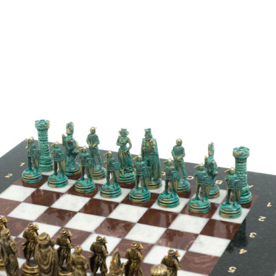 Шахматы "Рыцари" фигуры бронза / патина 28х28 см из лемезита и мрамора