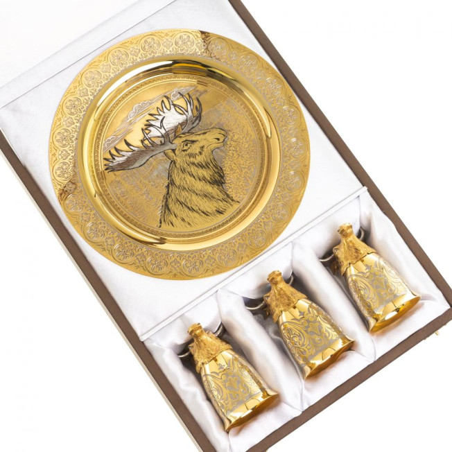 Подарочный набор "Лось" тарелка и 3 стопки перевертыша Златоуст