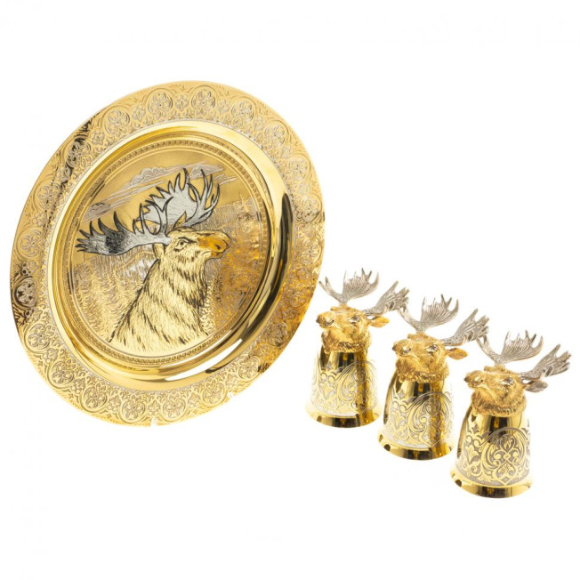 Подарочный набор "Лось" тарелка и 3 стопки перевертыша Златоуст