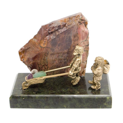 Композиция сувенир &quot;Старатели с тачкой&quot; из бронзы на подставке из камня