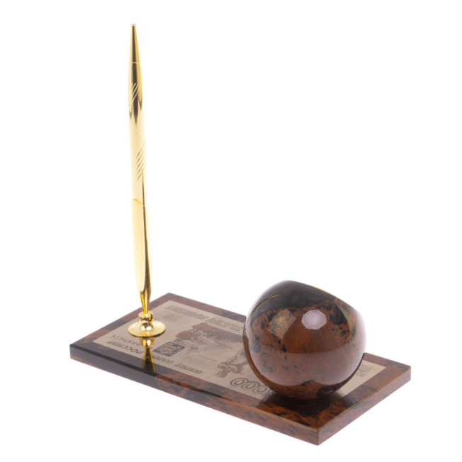 Письменный набор "Купюра 5000 рублей" из коричневого обсидиана