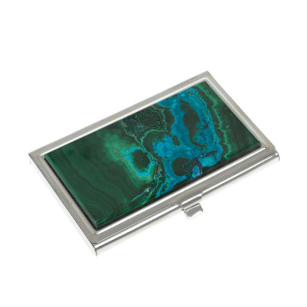 Карманная визитница из камня малахит с хризоколлой цвет серебро