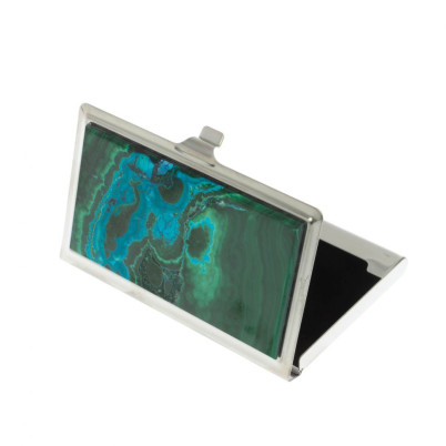 Карманная визитница из камня малахит с хризоколой цвет серебро