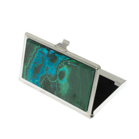 Карманная визитница из камня малахит с хризоколлой цвет серебро