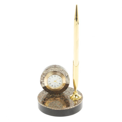 Подставка под ручку с часами &quot;Сияние&quot; из пирита 8,5х8,5х21 см