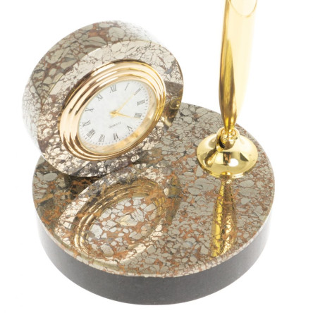 Подставка под ручку с часами "Сияние" из пирита 8,5х8,5х21 см