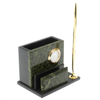 Карандашница с часами камень змеевик