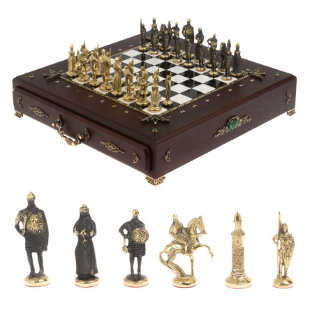 Подарочный шахматный ларец "Русские" фигуры из бронзы