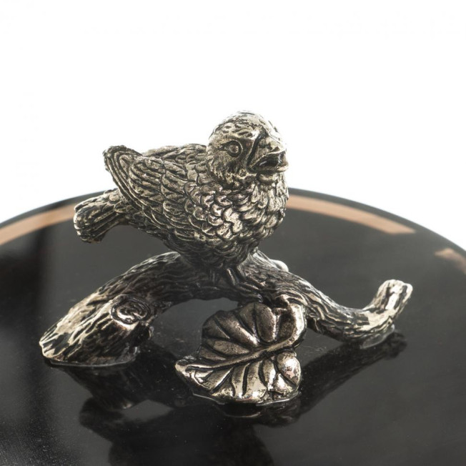 Шкатулка круглая "Певчая птица" черный обсидиан бронза 7,5х7,5х7,5 см