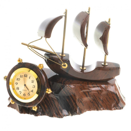 Настольные часы "Парусник" коричневый обсидиан