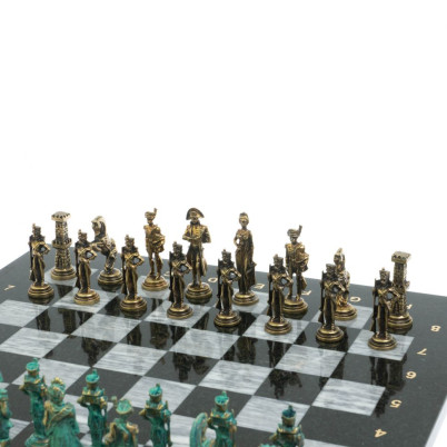 Шахматы &quot;Отечественная война 1812 г. &quot; фигуры бронза / патина 40х40 см серый мрамор