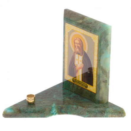 Икона с подсвечником Серафим Саровский малая из змеевика 9,5х9,5х10 см
