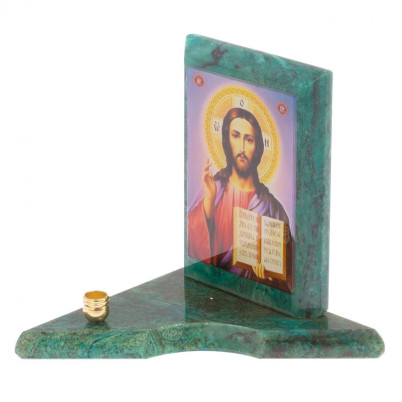 Икона с подсвечником Спаситель малая из змеевика 9,5х9,5х10 см