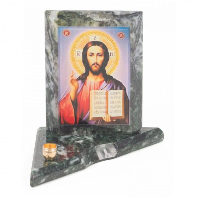 Икона с подсвечником Спаситель малая из змеевика 9,5х9,5х10 см