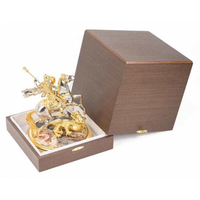 Бронзовая статуэтка "Георгий Победоносец" на подставке из яшмы в подарочной коробке