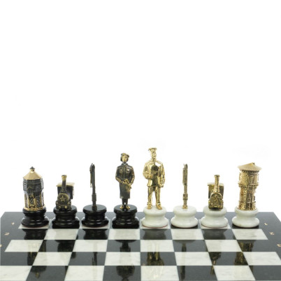 Шахматы подарочные "Железнодорожники" из бронзы и мрамора доска 48х48 см