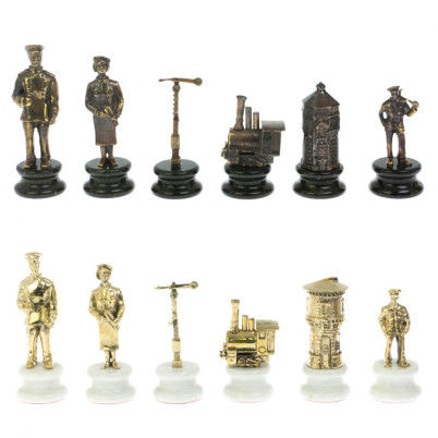 Шахматы подарочные "Железнодорожники" из бронзы и мрамора доска 48х48 см