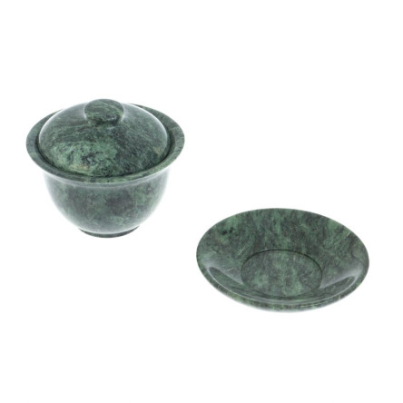 Гайвань из камня змеевик на блюдце 9,5х9,5х8,5 см