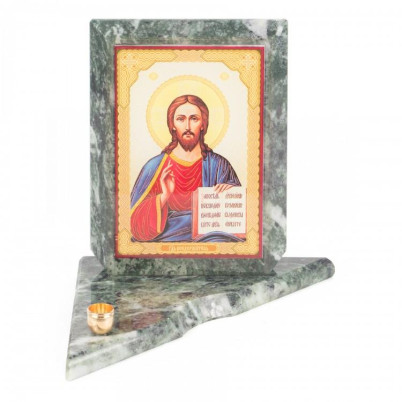 Икона с подсвечником Спаситель средняя из змеевика 12х12х13 см