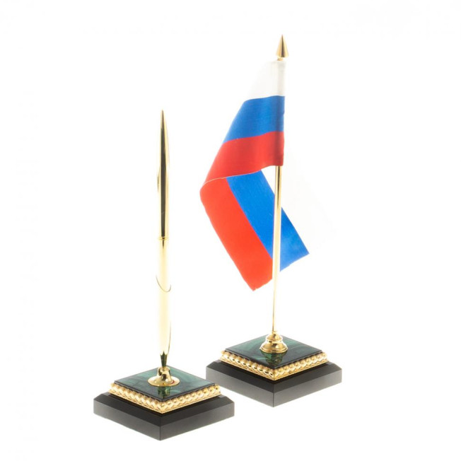 Настольный набор из малахита "Лев с шаром" с лампой