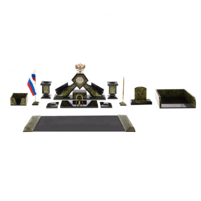 Письменный набор &quot;Герб&quot; с лотком для бумаг А4 и бюваром камень змеевик